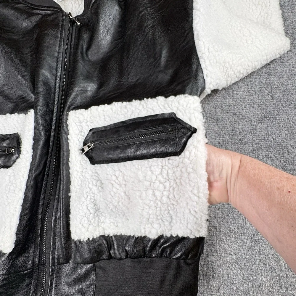 Zaful Yanweiyi‎ Jacket Women M Black White Faux Leather Sherpa Bomber Y2K Baddie - Picture 12 of 13